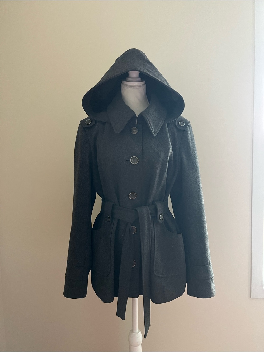 Snap Hooded Belted Trench Coat in Dark Gray